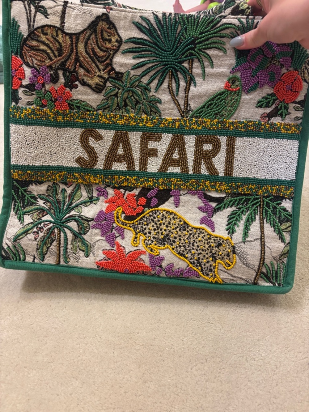 Beaded 'SAFARI' Embroidered Tote in Green, White & Multicolor